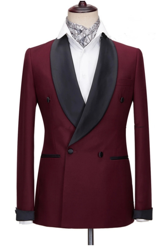 Burgundy Slim Wedding Suits With Black Shawl Lapel