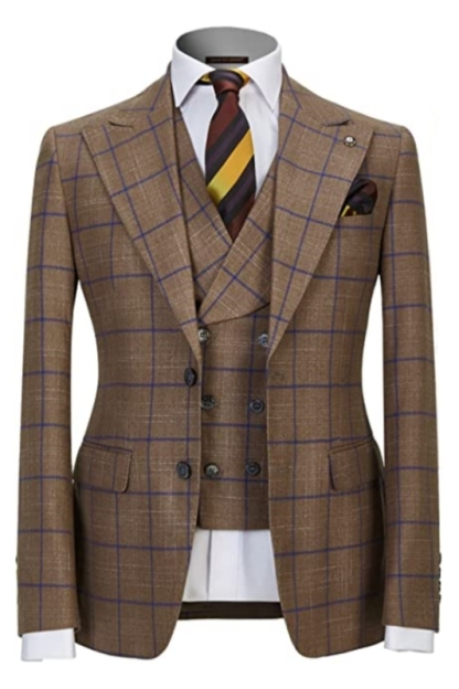 Formal Khaki Peaked Lapel Three Pieces Plaid Men Suits For Business