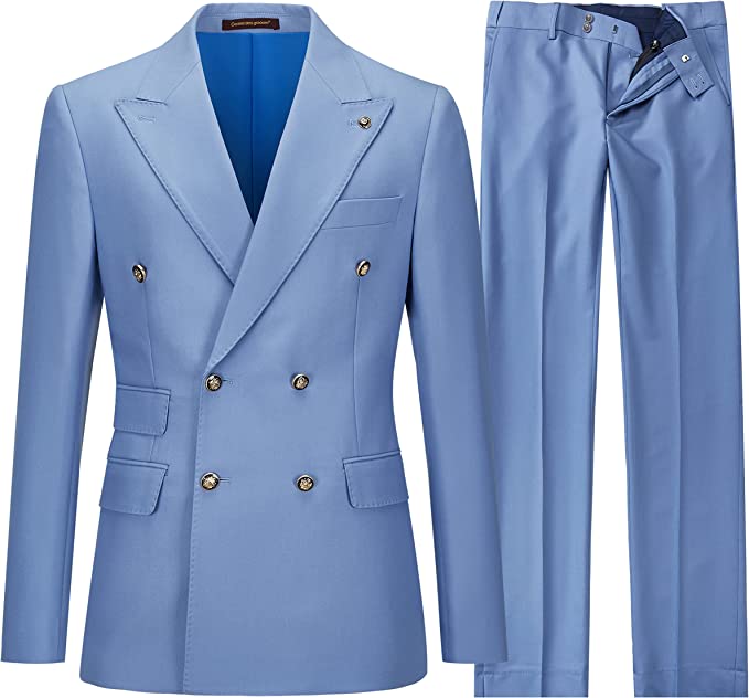 Fashion Light Blue Peaked Lapel Double Breasted Men Suits For Prom