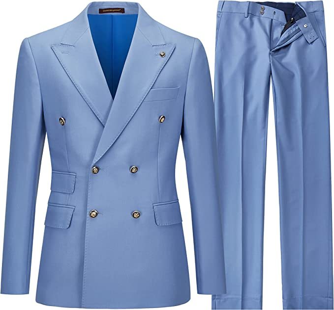 Fashion Light Blue Peaked Lapel Double Breasted Men Suits For Prom