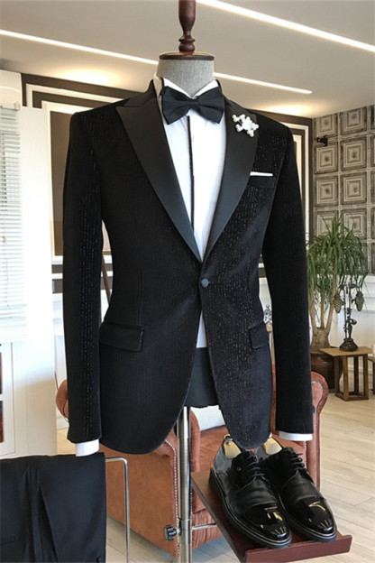 Black Peaked Lapel Two Pieces Bespoke Corduroy Men Suits For Prom