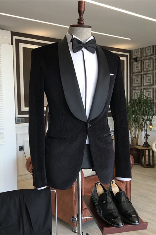 Bespoke Black Shawl Lapel Two Pieces Velvet Suits For Wedding