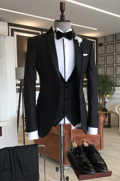 Black Notched Lapel Three Pieces Formal Business Suits