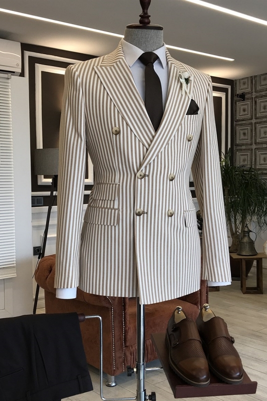 Simple Coffee Striped Peaked Lapel Double Breasted Business Suits