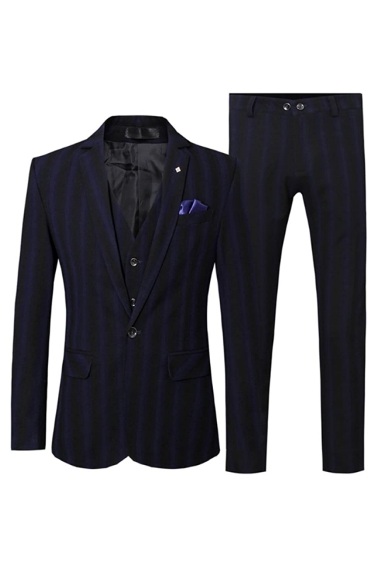 Formal Navy Blue Notched Lapel Three Pieces Striped Business Suits
