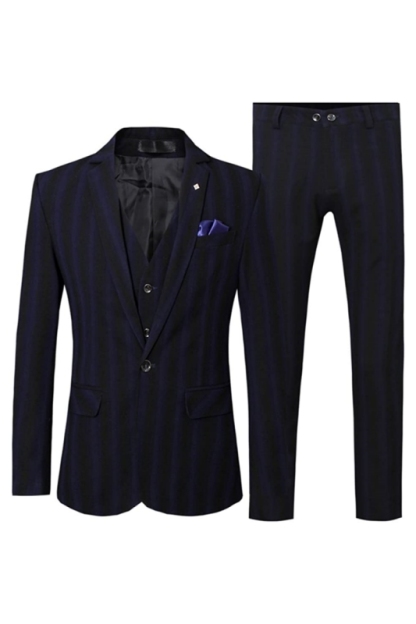 Formal Navy Blue Notched Lapel Three Pieces Striped Business Suits