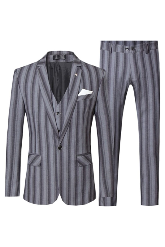 Bespoke Gray Striped Notched Lapel Three Pieces Business Suits