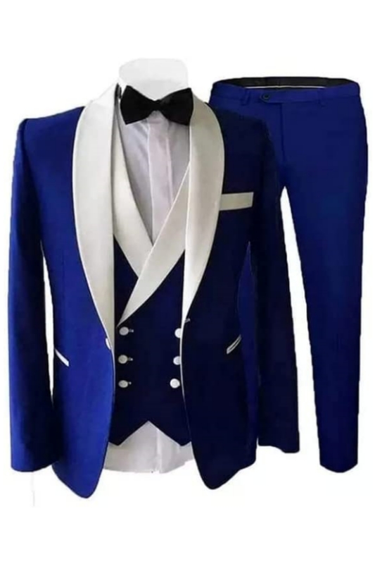 Fancy Royal Blue Shawl Lapel Three Pieces Wedding Suits