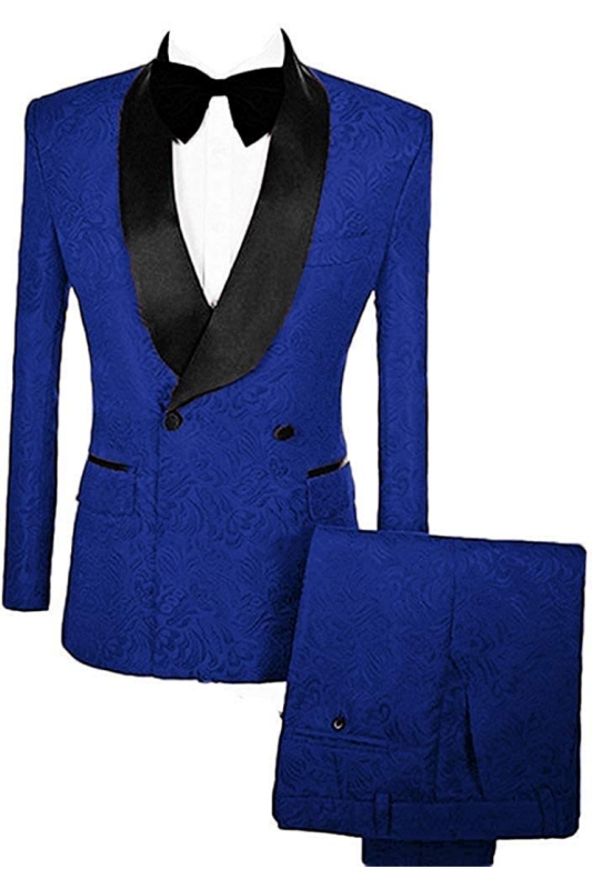 Royal Blue Double Breasted Jacquard Close Fitting Wedding Suits With Velvet Lapel