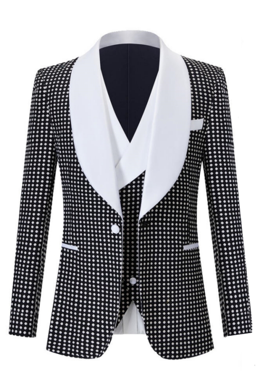 Bespoke Black Shawl Lapel Three Pieces Wedding Suits With White Dot