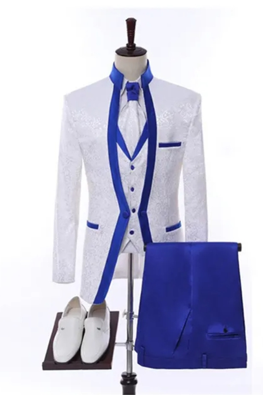 Glamorous White Jacquard Three Pieces Wedding Suits With Royal Blue Lapel