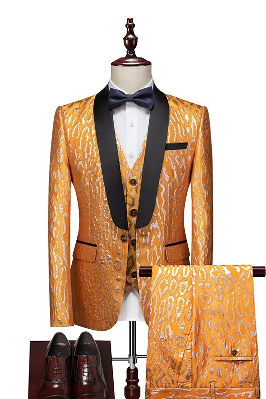 Gold Shawl Lapel Three Pieces New Arrival Jacquard Wedding Suits
