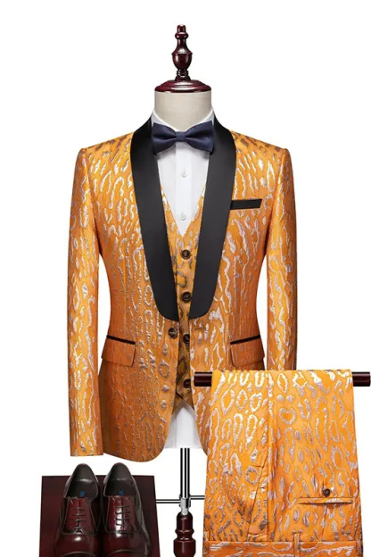 Gold Shawl Lapel Three Pieces New Arrival Jacquard Wedding Suits