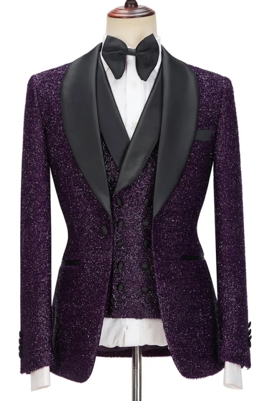 Fashion Purple Sequins Shawl Lapel Three Pieces Wedding Suits