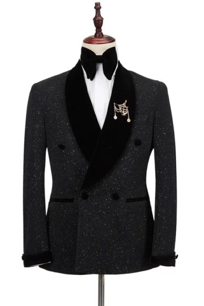 Classic Black Sequins Double Breasted Wedding Suits With Velvet Shawl Lapel