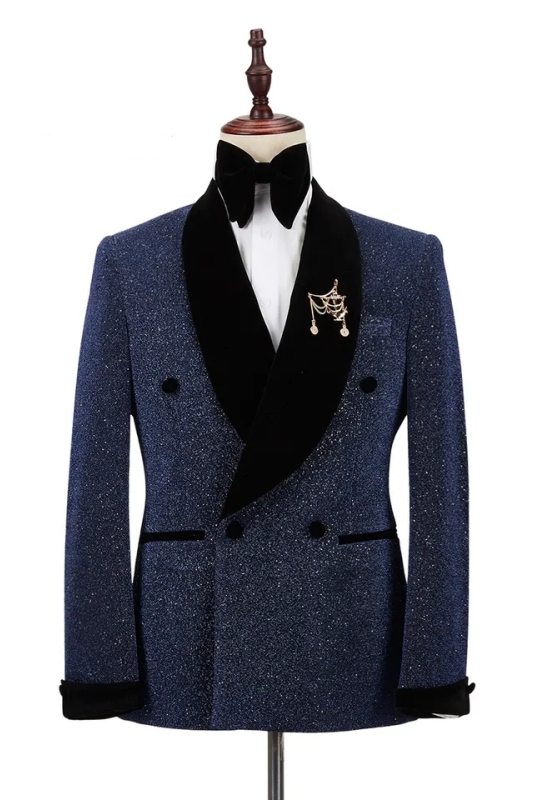 Navy Blue Sequins Double Breasted Close Fitting Wedding Suits With Black Velvet Lapel