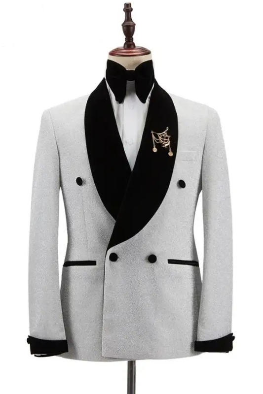 Fancy White Sequins Double Breasted Wedding Suits With Black Velvet Lapel