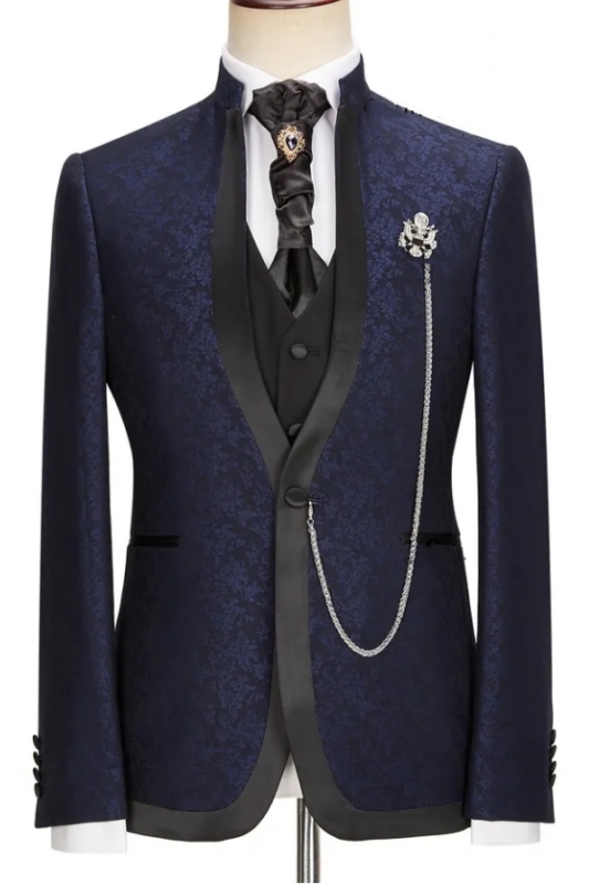 Navy Blue Jacquard Shawl Lapel Three Pieces New Arrival Wedding Suits