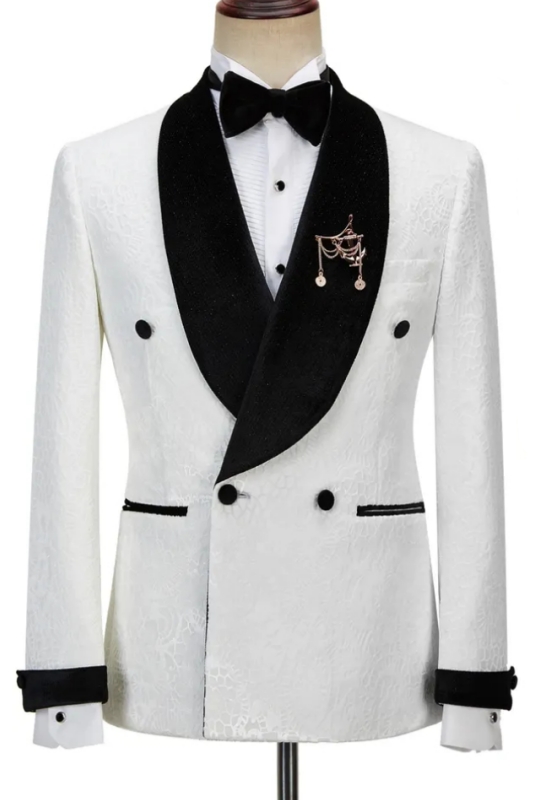 fancy white jacquard double breasted wedding suits with black velvet lapel