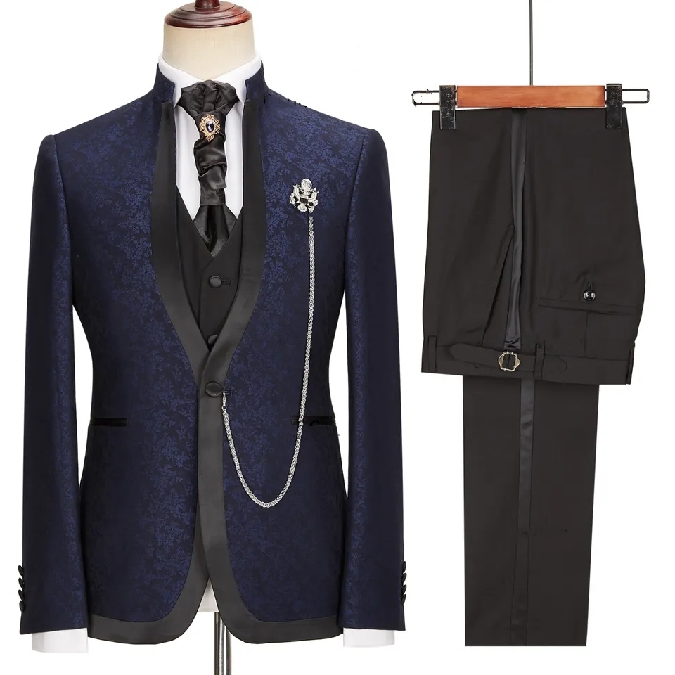 Navy Blue Jacquard Shawl Lapel Three Pieces New Arrival Wedding Suits