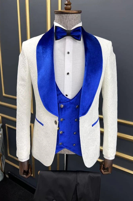 Fancy Blue Velvet Shawl Lapel Three Pieces Jacquard Wedding Suits