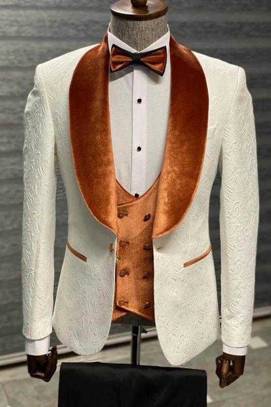 Modern Light Brown Velvet Shawl Lapel Three Pieces Jacquard Wedding Suits