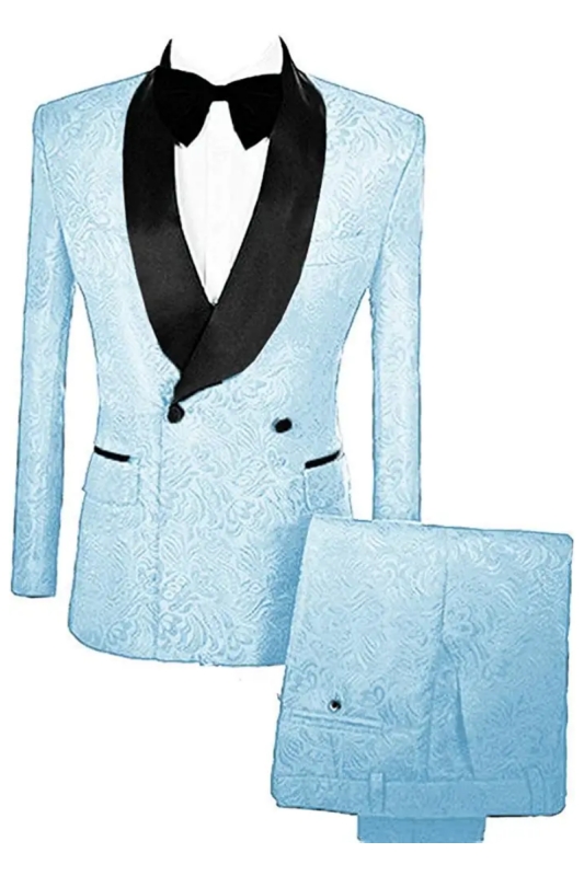 Light Blue Double Breasted Jacquard New Arrival Wedding Suits With Velvet Lapel