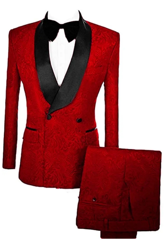 Bespoke Red Double Breasted Jacquard Wedding Suits With Velvet Lapel