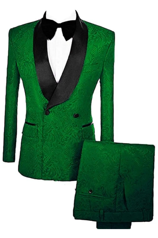 Modern Green Double Breasted Jacquard Wedding Suits With Velvet Lapel
