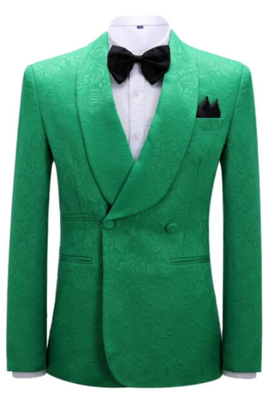 Classic Green Jacquard Shawl Lapel Double Breasted Wedding Suits