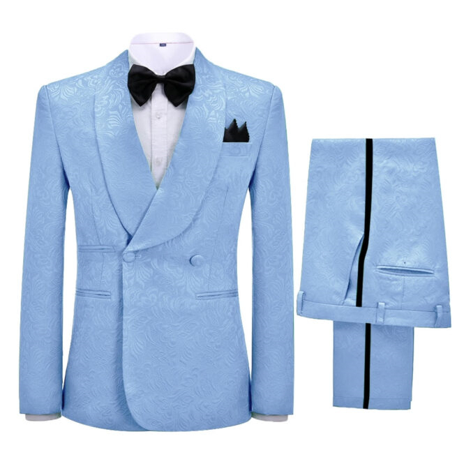 Sky Blue Jacquard Shawl Lapel Double Breasted New Arrival Wedding Suits