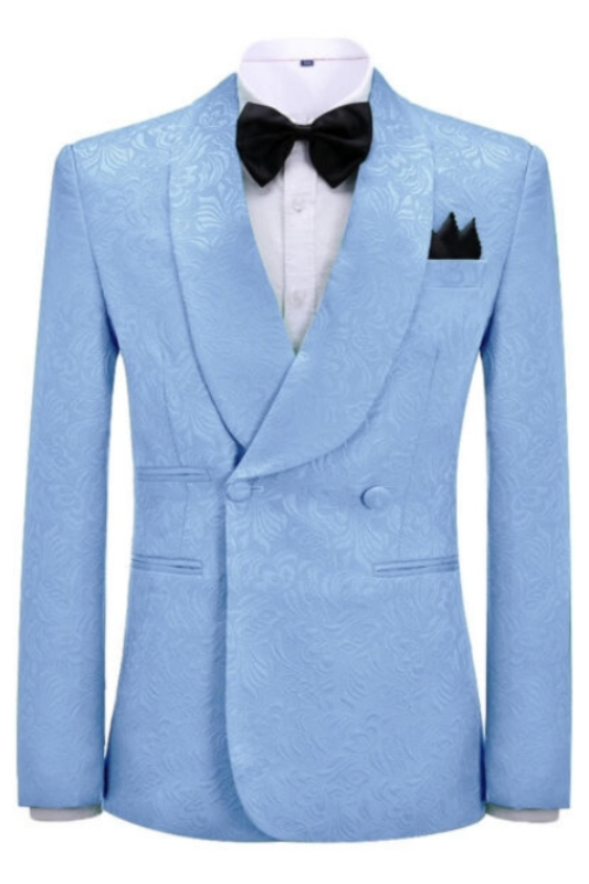 Sky Blue Jacquard Shawl Lapel Double Breasted New Arrival Wedding Suits