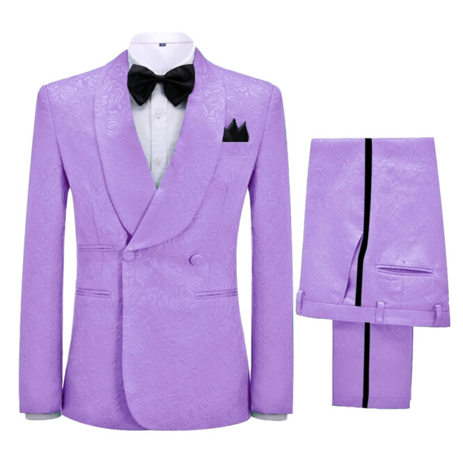 Glamorous Lilac Jacquard Shawl Lapel Double Breasted Wedding Suits