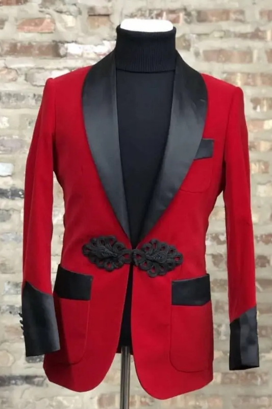 Fashion Red Velvet Wedding Suits With Black Satin Lapel