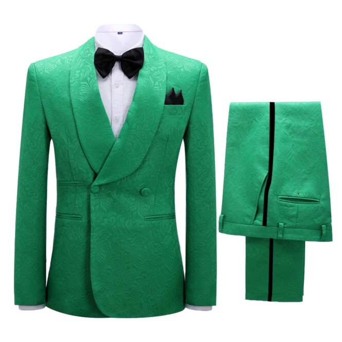 Classic Green Jacquard Shawl Lapel Double Breasted Wedding Suits