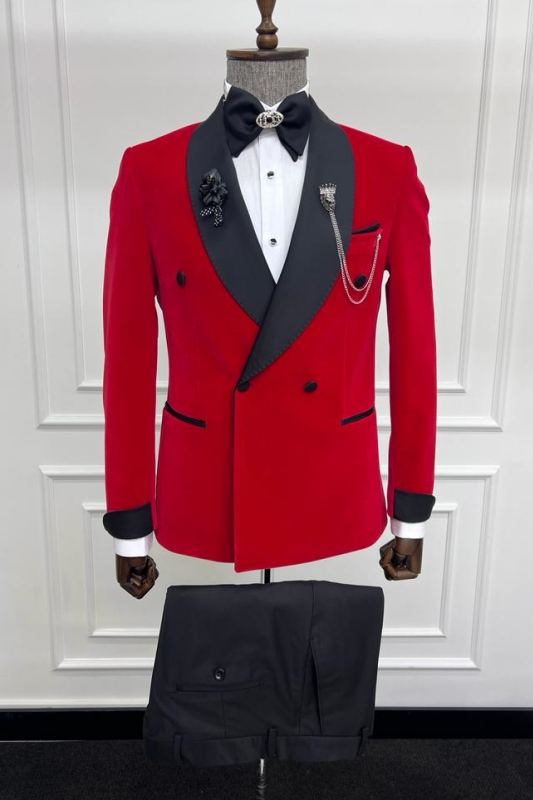 Simple Red Shawl Lapel Double Breasted Wedding Suits