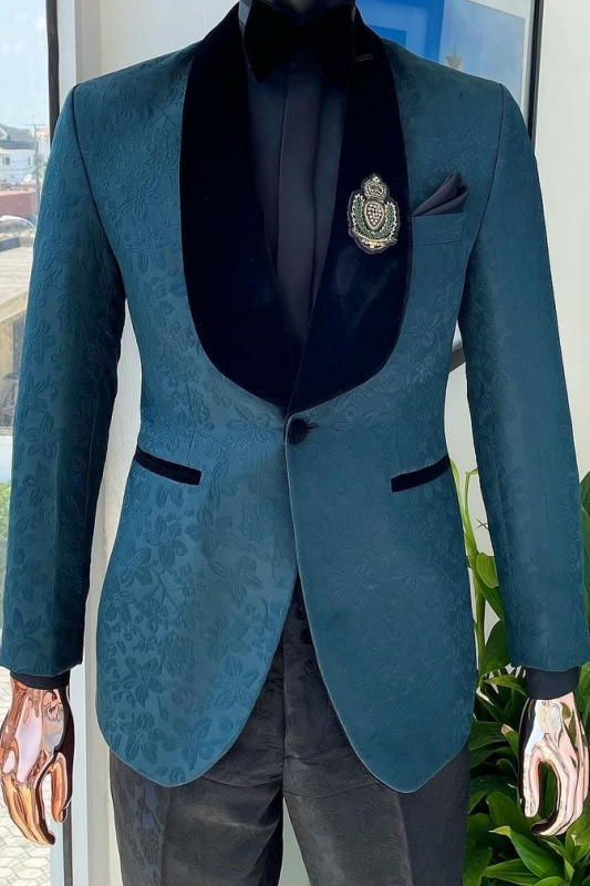 Newest Ocean Blue Shawl Lapel Jacquard Wedding Suits