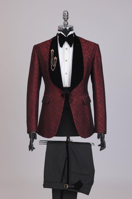 Glamorous Dark Red Jacquard Wedding Suits With Black Shawl Lapel