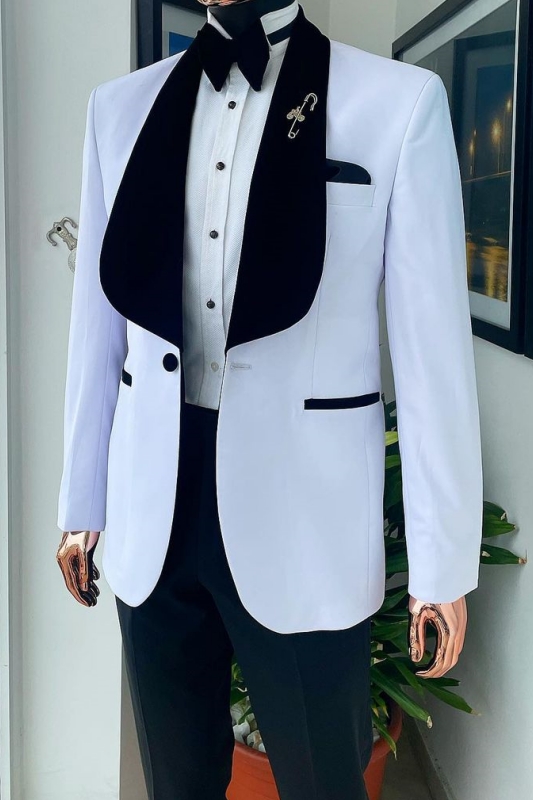 Simple White Wedding Suits With Black Shawl Lapel