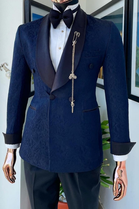 Classic Dark Blue Shawl Lapel Double Breasted Jacquard Wedding Suits