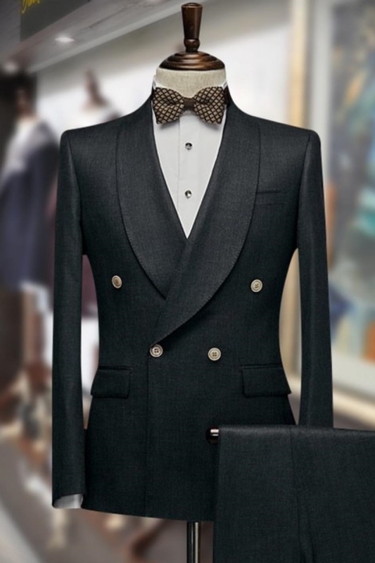 Modern Black Shawl Lapel Double Breasted Wedding Suits