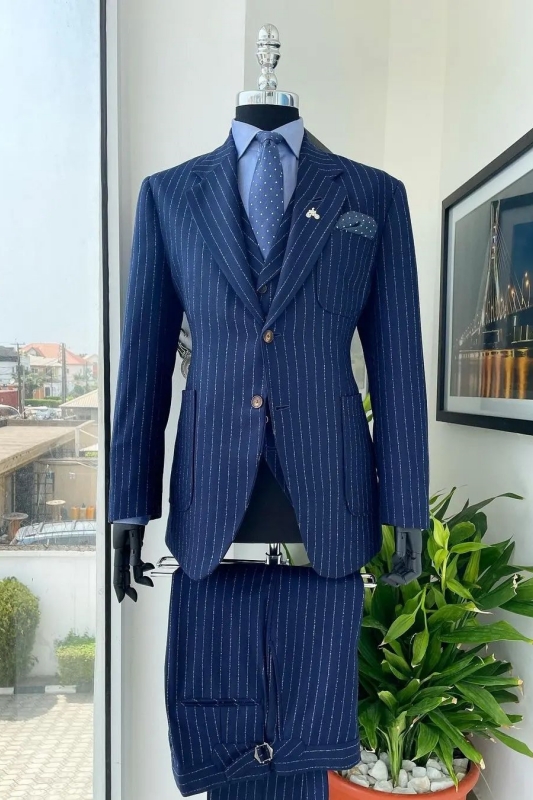 Dark Blue Notched Lapel Striped Three Pieces Bespoke Business Suits