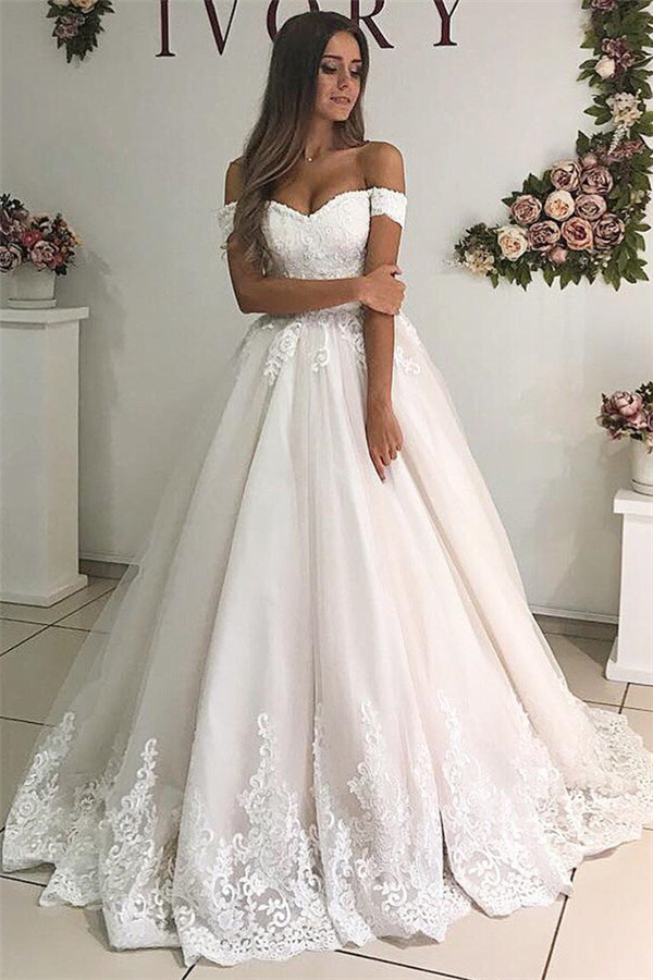 Long A-line Off-The-Shoulder Appliques Lace Tulle Wedding Dresses - YESBABYONLINE