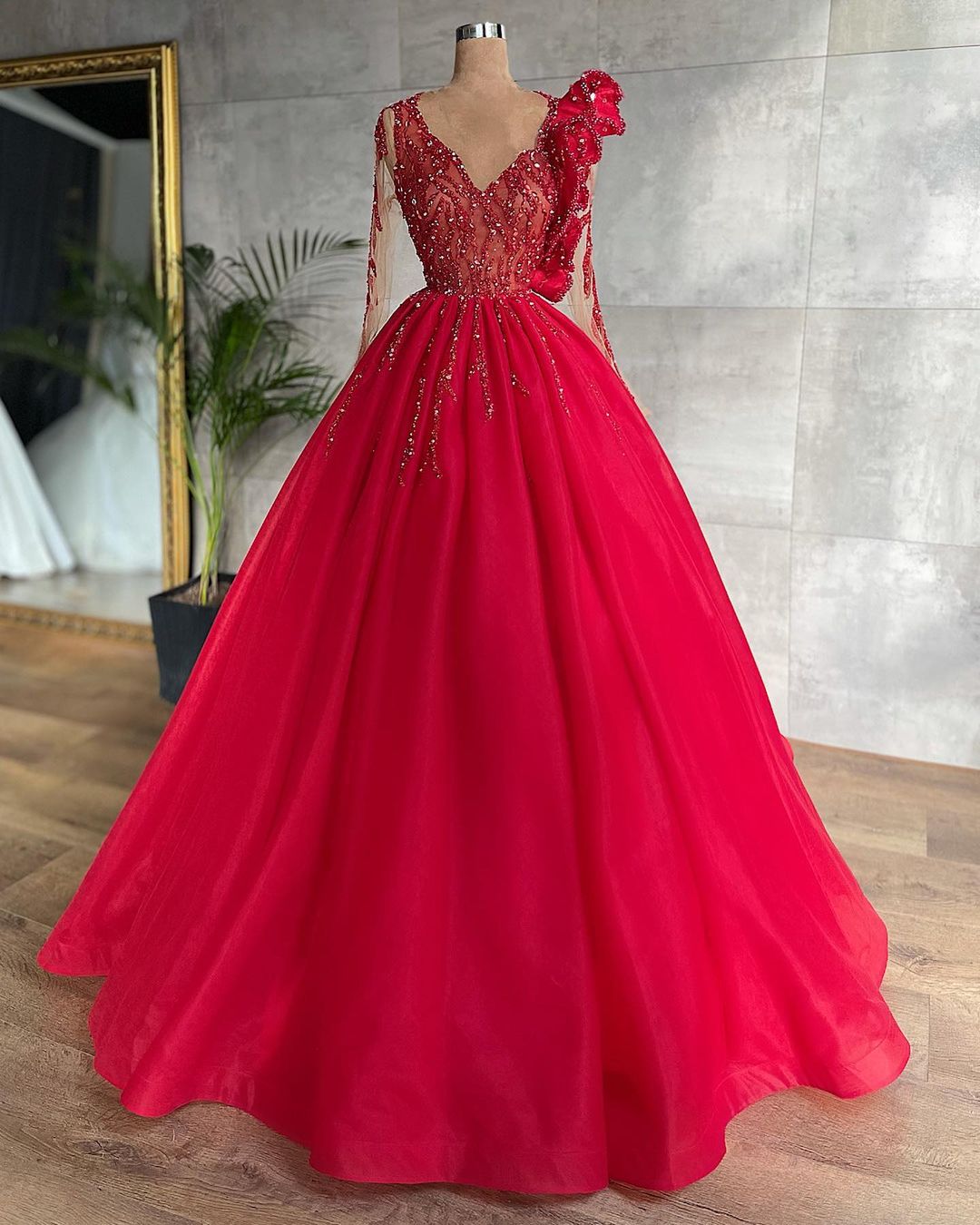 Charming Red Long A-line Tulle V-neck Floor-length Beading Prom Dresses with Sleeves - YESBABYONLINE
