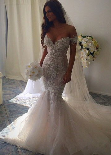 Long Off-the-Shoulder Tulle Lace Mermaid Wedding Dresses - YESBABYONLINE