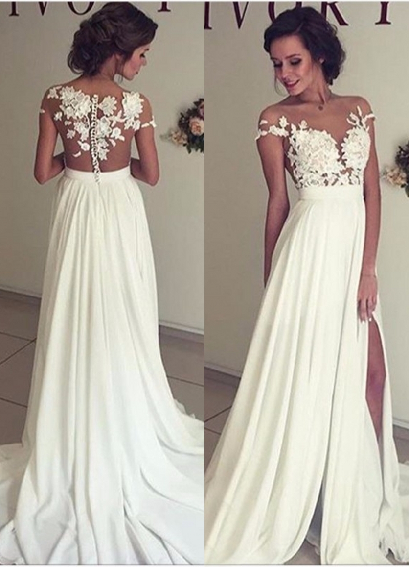 Glamorous Long A-line Chiffon Lace Appliques Wedding Dresses with Side Slit - YESBABYONLINE