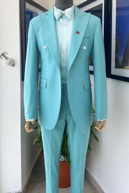 Modern Sky Blue Peaked Lapel Two Pieces Prom Suits