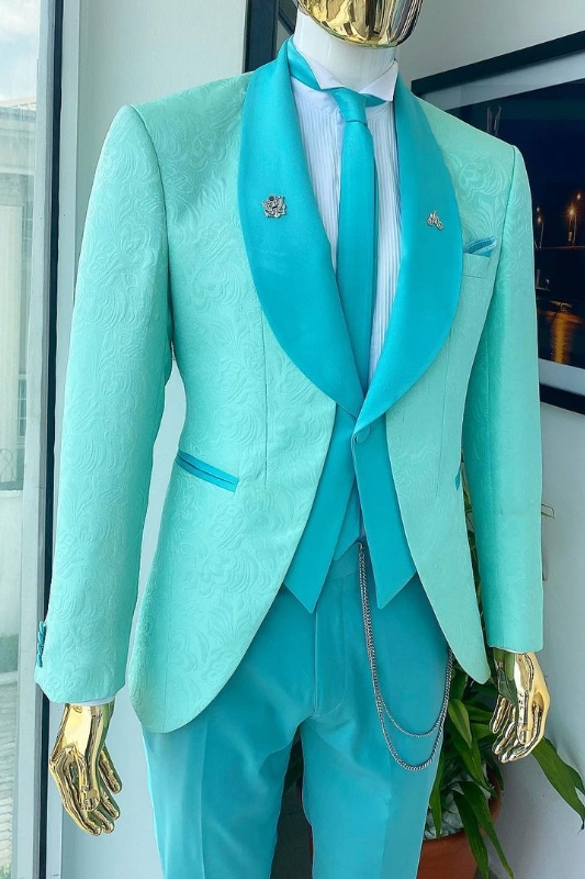 Newest Sky Blue Shawl Lapel Jacquard Wedding Suits For Men
