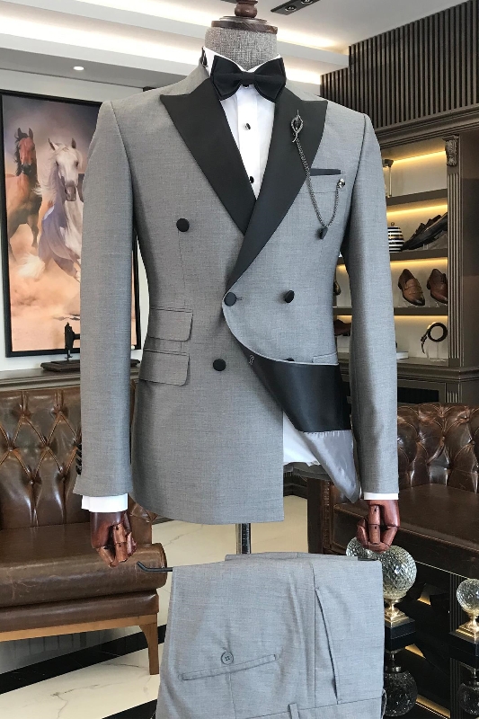 Formal Gray Peaked Lapel Double Breasted Business Men Suits