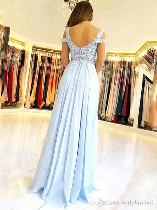 Elegant Sky Blue Long A-line Chiffon Appliques Lace Prom Dresses with Side Slit - YESBABYONLINE